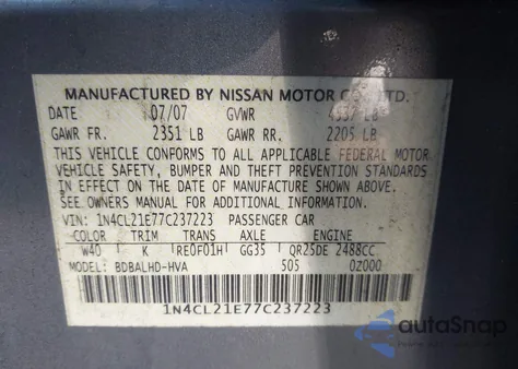 2007 Nissan Altima Hybrid from USA, damaged, VIN 1N4CL21E77C237223